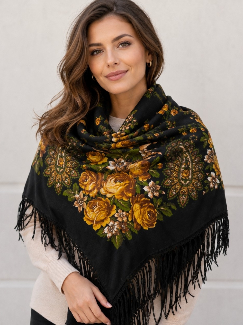 Black Wool Floral Fringe Shawl Scarf with Mustard Rose Print 33x33" Folk